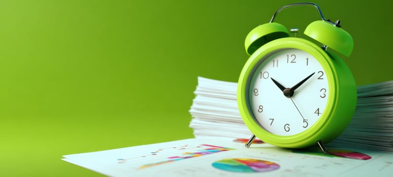 The vibrant green alarm clock amidst paperwork for a productive workspace. photo