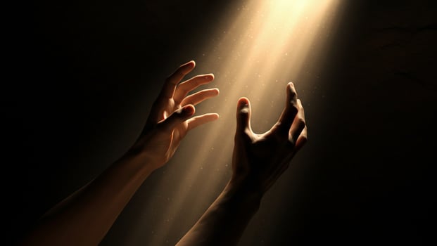 Hands Reaching for Divine Light in Dark Hopeful Spiritual Moment photo