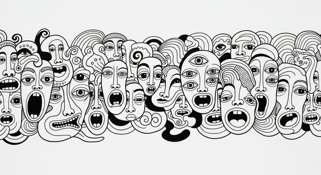 A Diverse Crowd of Expressive Black and White Faces in a Chaotic Collage photo