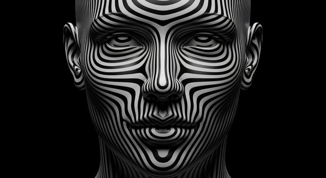 A black and white image of a woman's face with a zigzag pattern photo