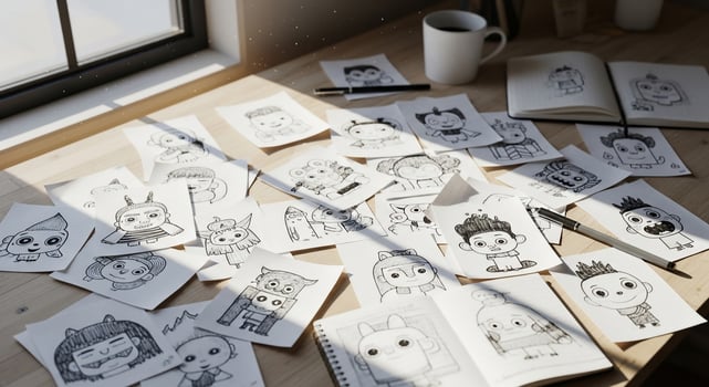 A table with many drawings and paper photo
