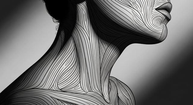 Abstract Black and White Line Art Portrait of a Woman's Neck and Face photo