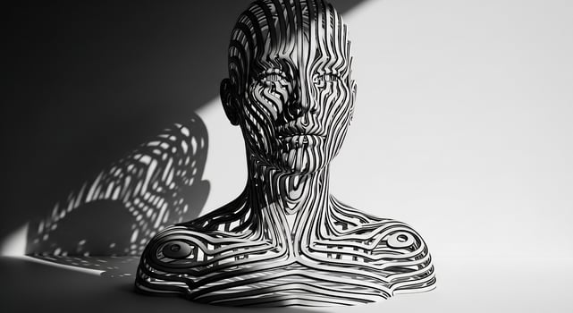 Abstract Black and White Sculpture of a Human Bust with Striped Texture and Dramatic Shadow Play photo