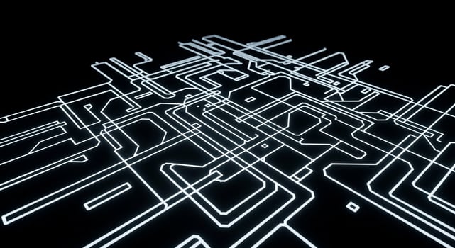 Abstract glowing white circuit board lines on a black background photo