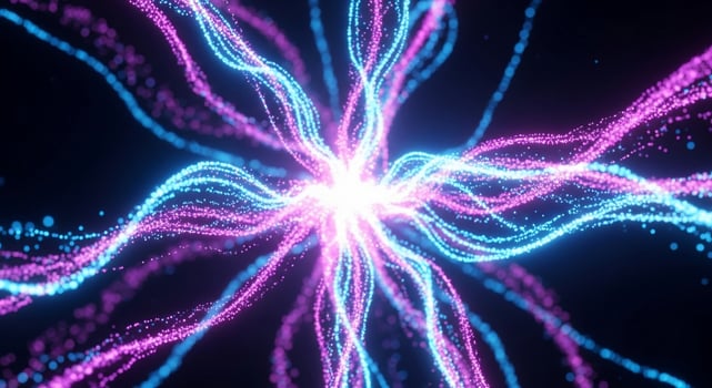 Abstract glowing neon light trails in vibrant pink and blue on dark background photo