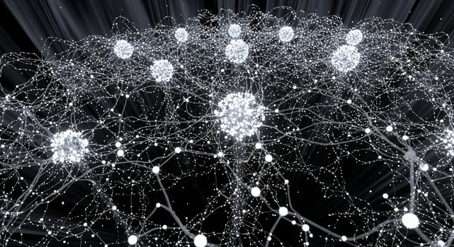 Abstract network of glowing white nodes and interconnected lines on a dark background photo