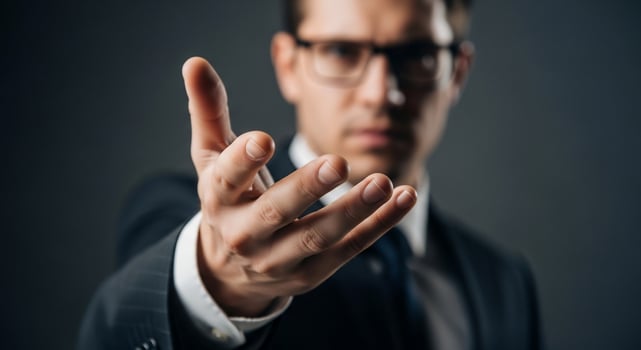 Businessman in Glasses Offers Open Hand in a Gesture of Help or Invitation photo