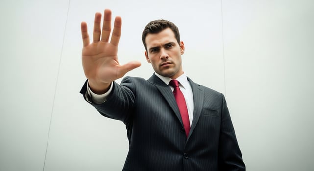 Businessman in Pinstripe Suit Holds Hand Up in Stop Gesture photo