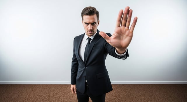 Businessman in Suit Holding Hand Up in Stop Gesture with Intense Expression photo