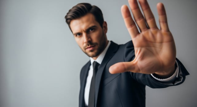 A man in a suit is showing his hand photo