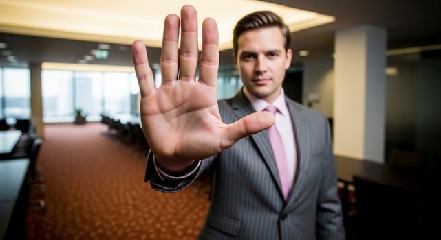 Businessman in Suit Making Stop Gesture with Open Hand in Modern Office photo