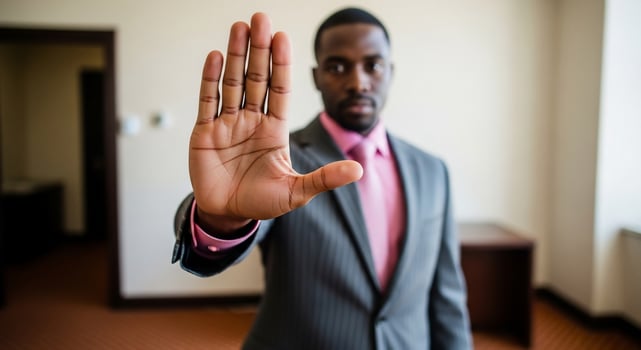 Businessman in Suit Holds Hand Up in Stop Gesture, Indoor Office Setting photo