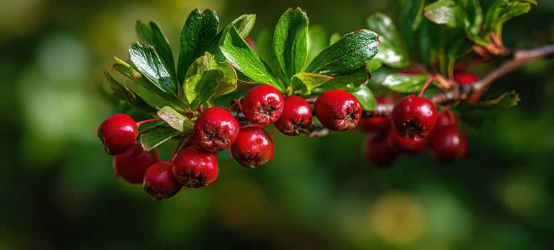 The vibrant red berries hanging from a lush green branch in nature. photo