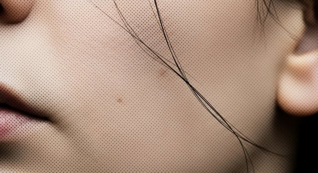 A close up of a woman's face with a black hair photo