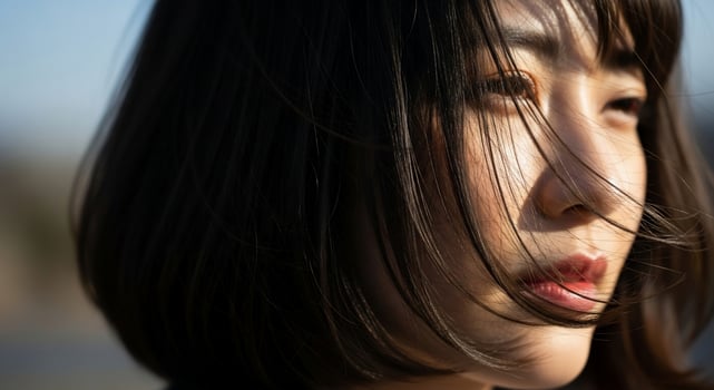 A woman with short hair and a blue sky photo