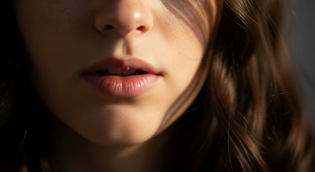 A close up of a woman's face with her lips open photo