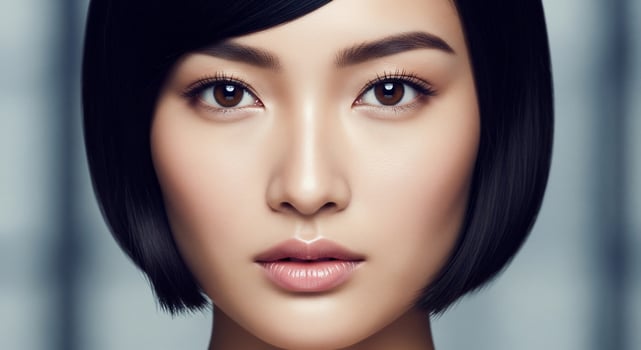 A woman with short black hair and a blue background photo