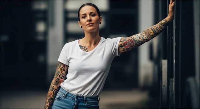 A woman with tattoos standing in front of a building photo