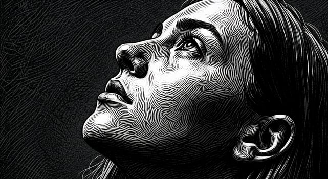 A black and white drawing of a woman looking up photo