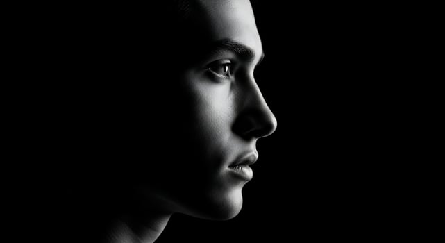 Dramatic Black and White Profile Portrait of a Young Man's Face photo