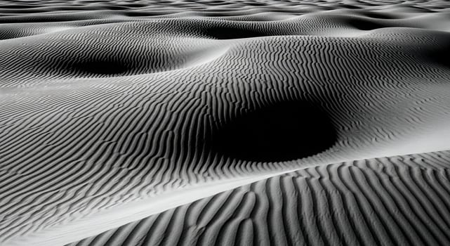 Dramatic Black and White Desert Sand Dunes with Rippled Textures and Shadows photo