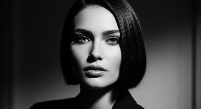 Dramatic Black and White Portrait of a Woman with Bob Haircut and Intense Gaze photo