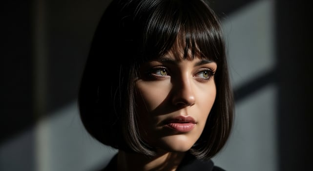 Dramatic Portrait of a Young Woman with Green Eyes and Bob Haircut in Shadow photo