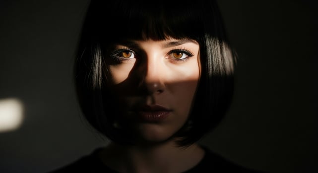 Dramatic Portrait of a Young Woman with Striking Amber Eyes and Bob Haircut in Shadow photo