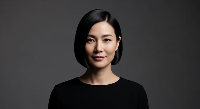 Elegant Asian Woman with Bob Haircut and Subtle Smile on Gray Background photo