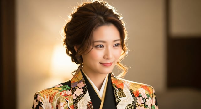 Elegant Japanese Woman in Traditional Kimono with Crane and Floral Motifs photo