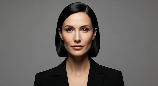 Elegant Woman with Short Black Hair and Black Blazer Posed Against Gray Background photo