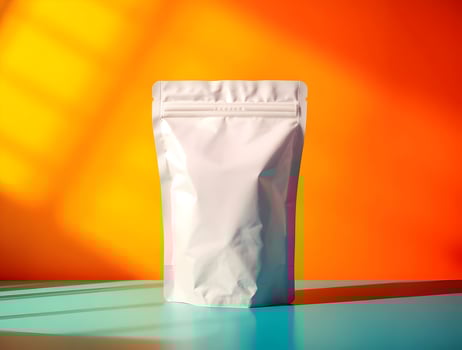 White packaging bag on a table with orange and yellow background photo