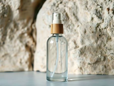 A clear glass bottle with a sprayer on top photo