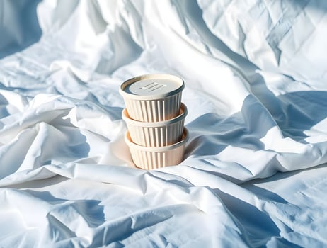 Three cups sit on top of a white sheet photo