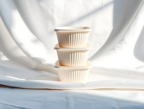 Stack of Three CreamColored Square Food Containers on White Fabric photo