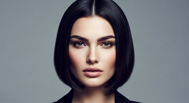 Beautiful woman with short black hair and black suit photo