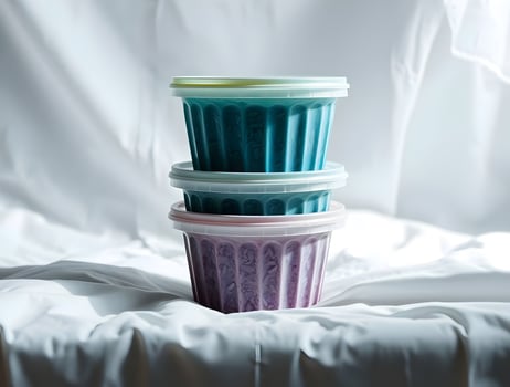 Three containers with different colored liquid sitting on a white cloth photo