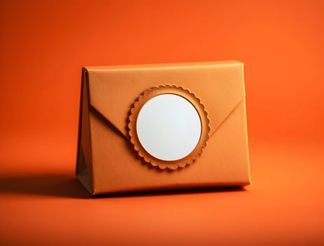 An orange envelope with a white circle on it photo