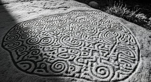 A black and white photo of a rock with a pattern on it