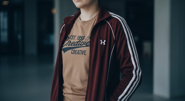 A woman wearing a maroon t - shirt photo