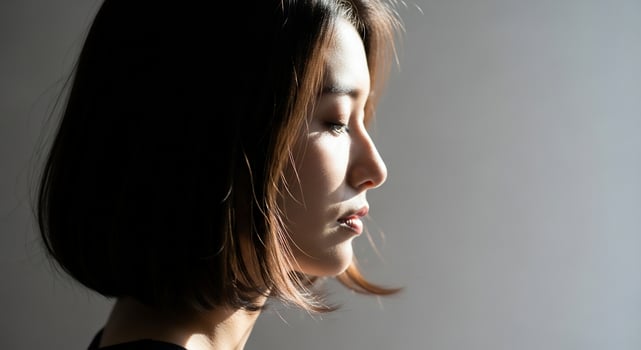 A woman with a short haircut is looking off to the side photo