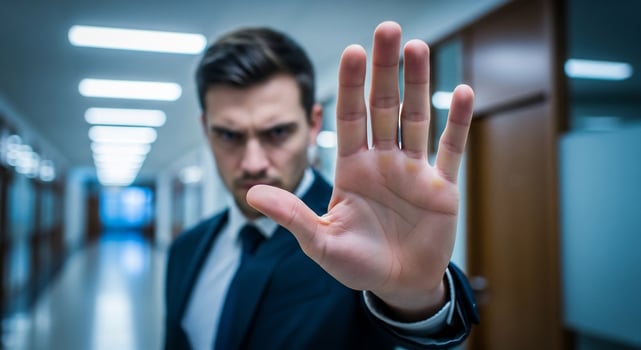 Serious businessman in suit holds hand up in stop gesture in office hallway photo