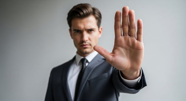 A man in a suit is showing his hand with a stop sign photo