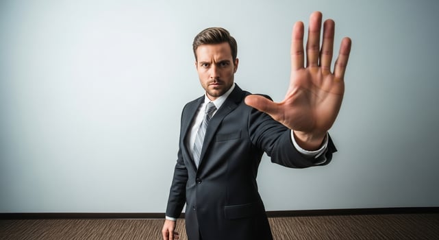 Serious businessman in suit holding hand up in stop gesture against plain background photo
