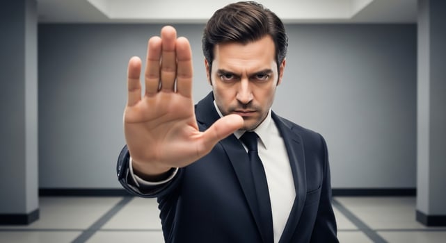 Serious businessman in suit holds hand up in stop gesture, intense gaze photo