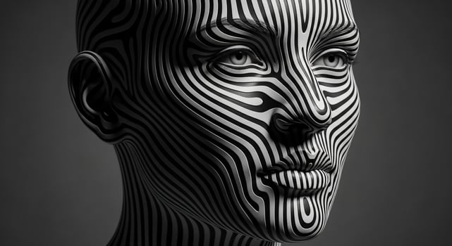 A black and white image of a woman's face with a zebra pattern photo