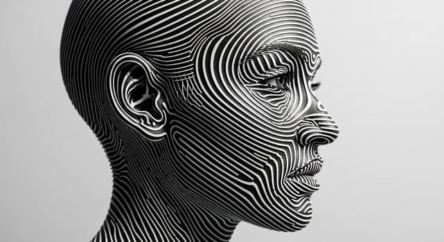 A black and white image of a woman's head with lines photo