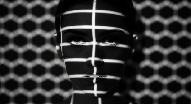 A woman with a black and white face and a grid pattern photo