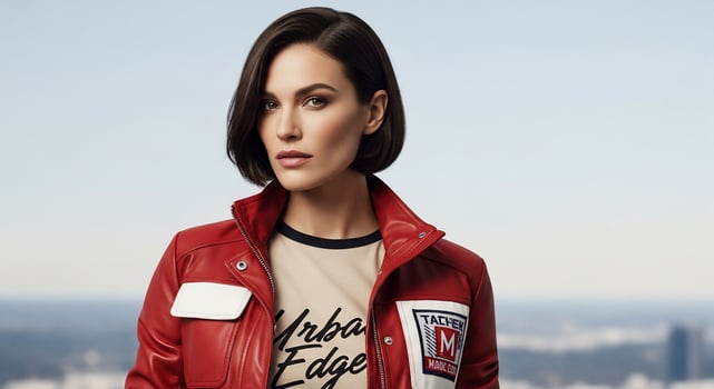 A woman in a red jacket standing on a rooftop photo