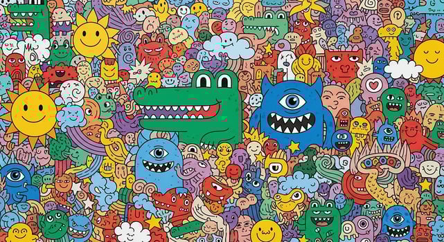 A large group of cartoon characters in a colorful pattern photo